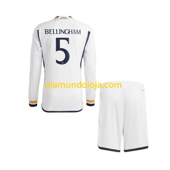 Camisola Real Madrid Jude Bellingham 5 Criança Equipamento Primeiro 2023-2024 Manga Comprida